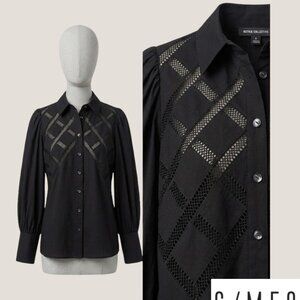 C/Meo Collective Black Lattice Eyelet Lace Button-Down Blouse - Size S